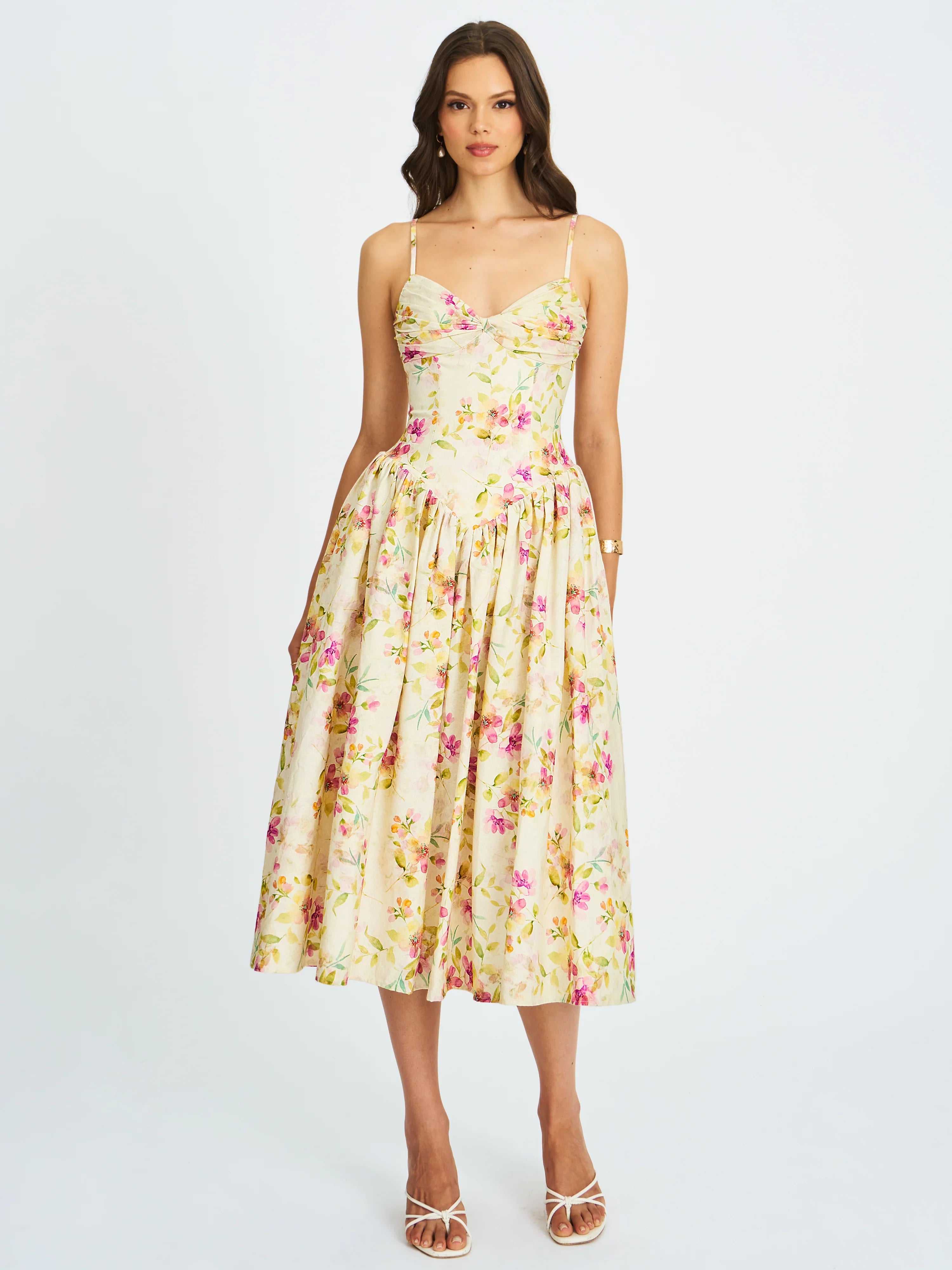 Jacinda Yellow Floral Print Ruched Breast Linen Midi Dress