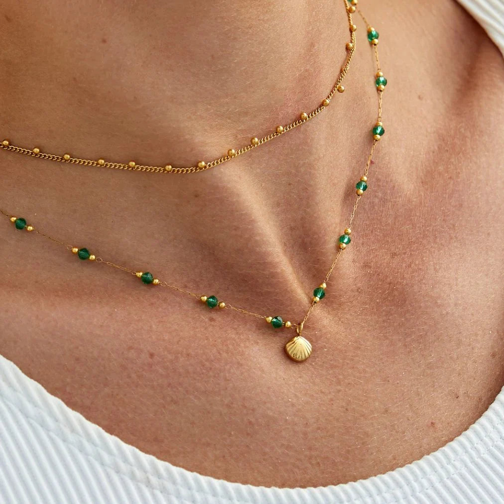 Vioraia Nerissa Gold Shell & Green Bead Necklace