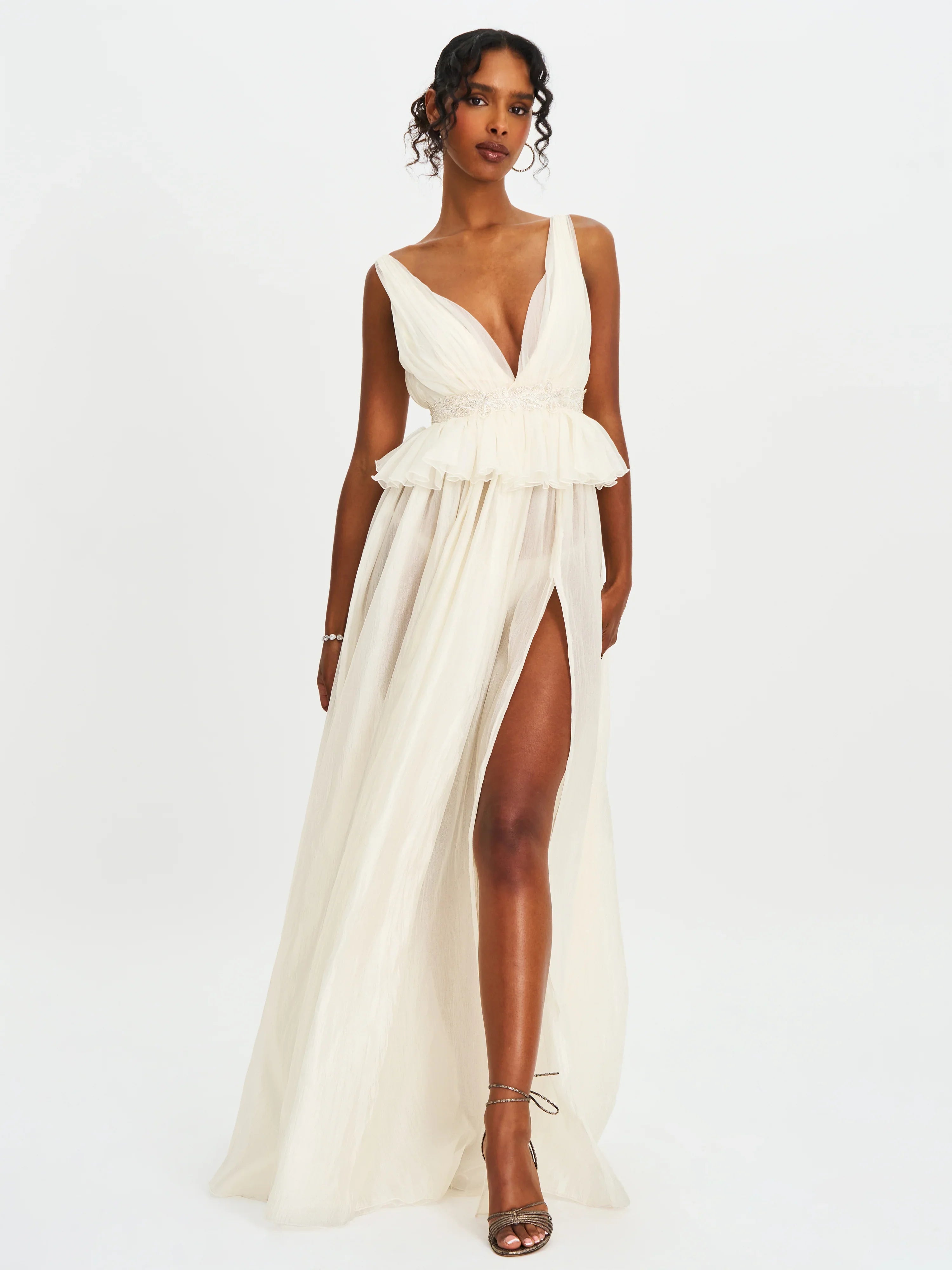 Calleigh Off White Flare Beaded Belt Maxi Gown