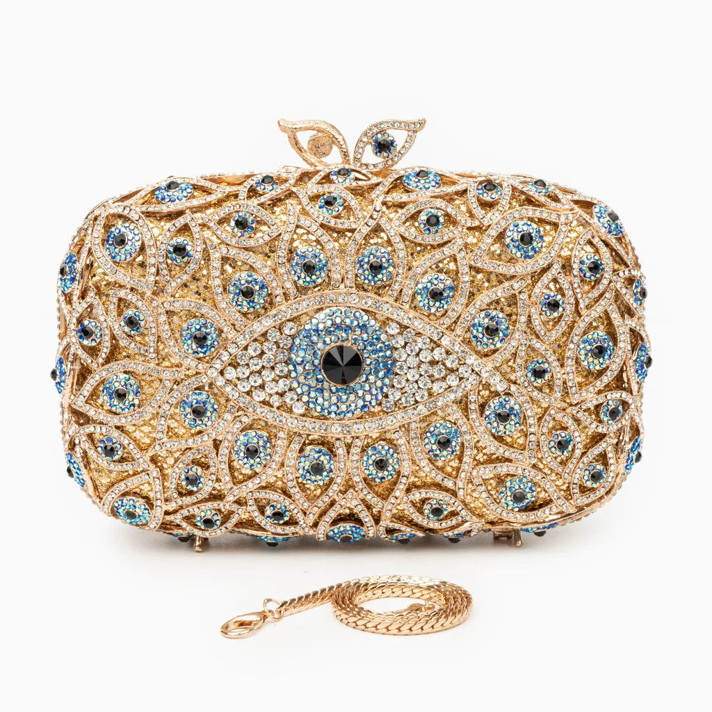 Vioraia Crystal Evil Eye Clutch Bag - Gold