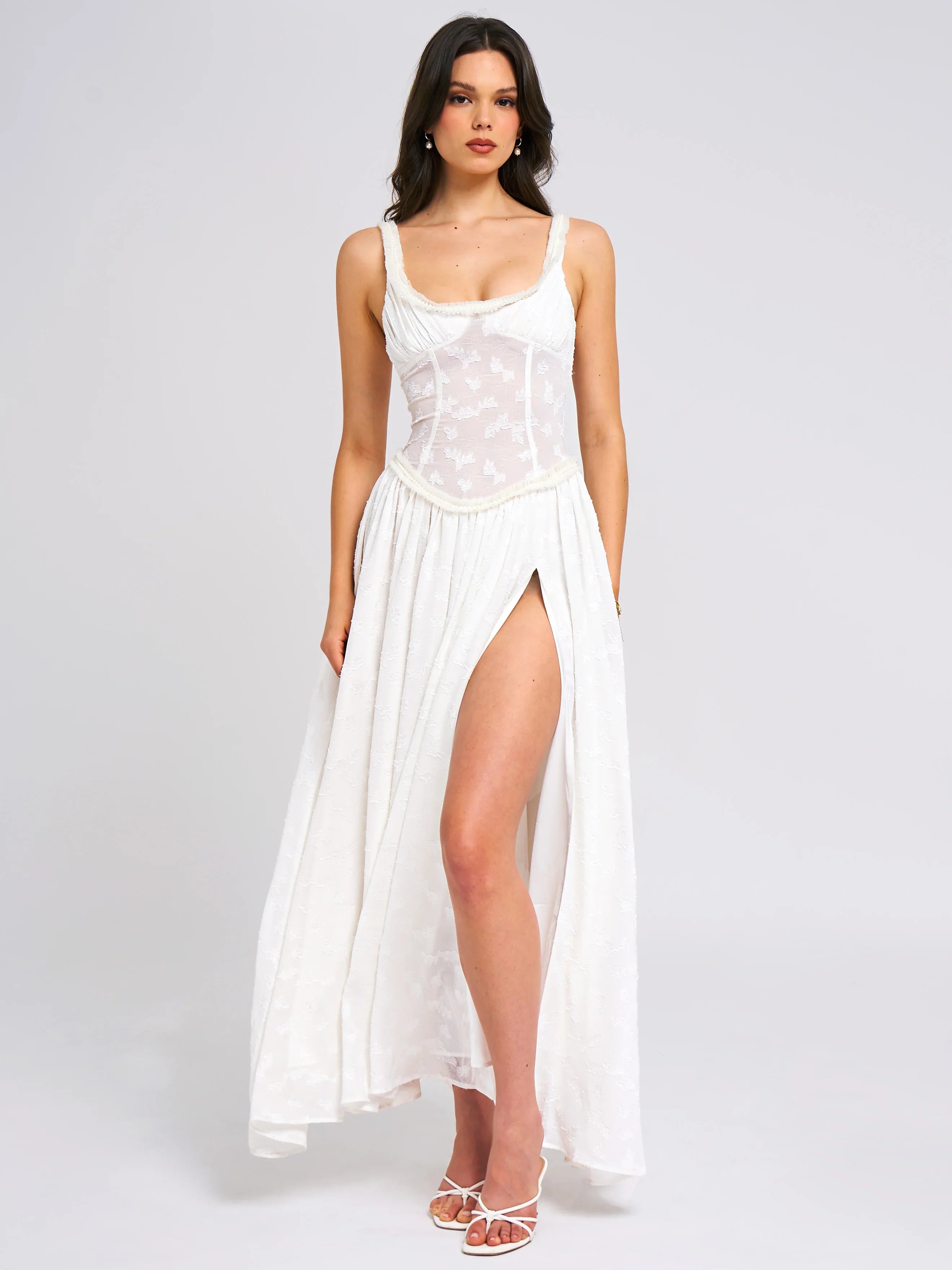 Ulissa White Square Neck Jacquard Textured High Slit Maxi Dress