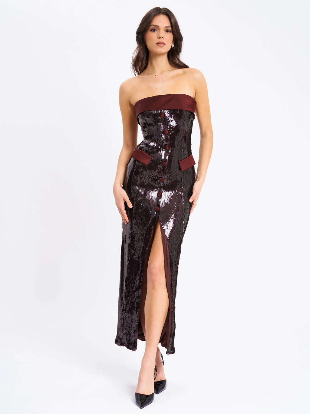 Qadira Burgundy Brown Sequin Maxi Pencil Dress