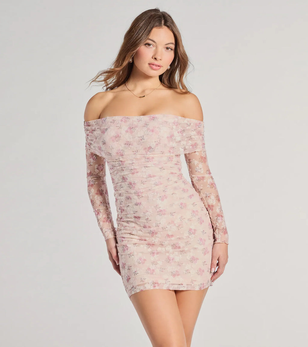 In The Garden Off-The-Shoulder Floral Mesh Mini Dress