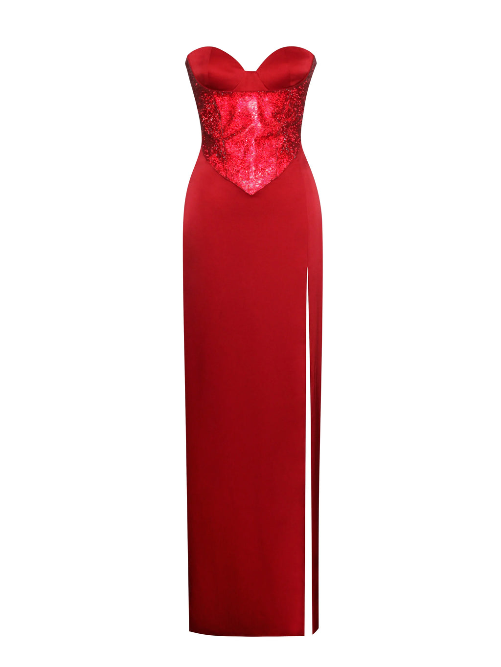 Kadesha Red Crystal High Slit Satin Corset Gown