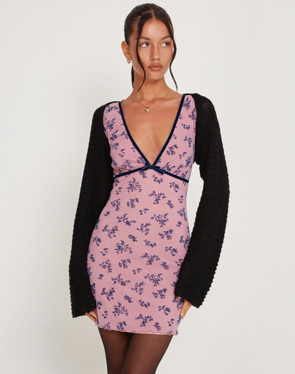 Evilia Mesh Mini Dress in Pink and Navy Botanist Flocking