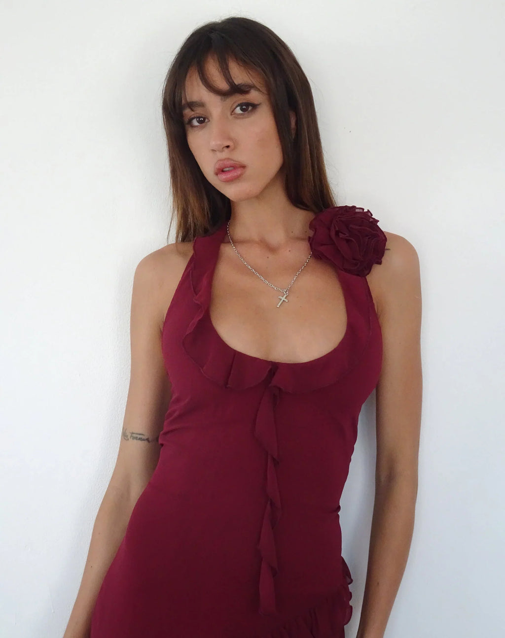 Margaret Ruffle Mini Dress in Plum Chiffon with Rosette