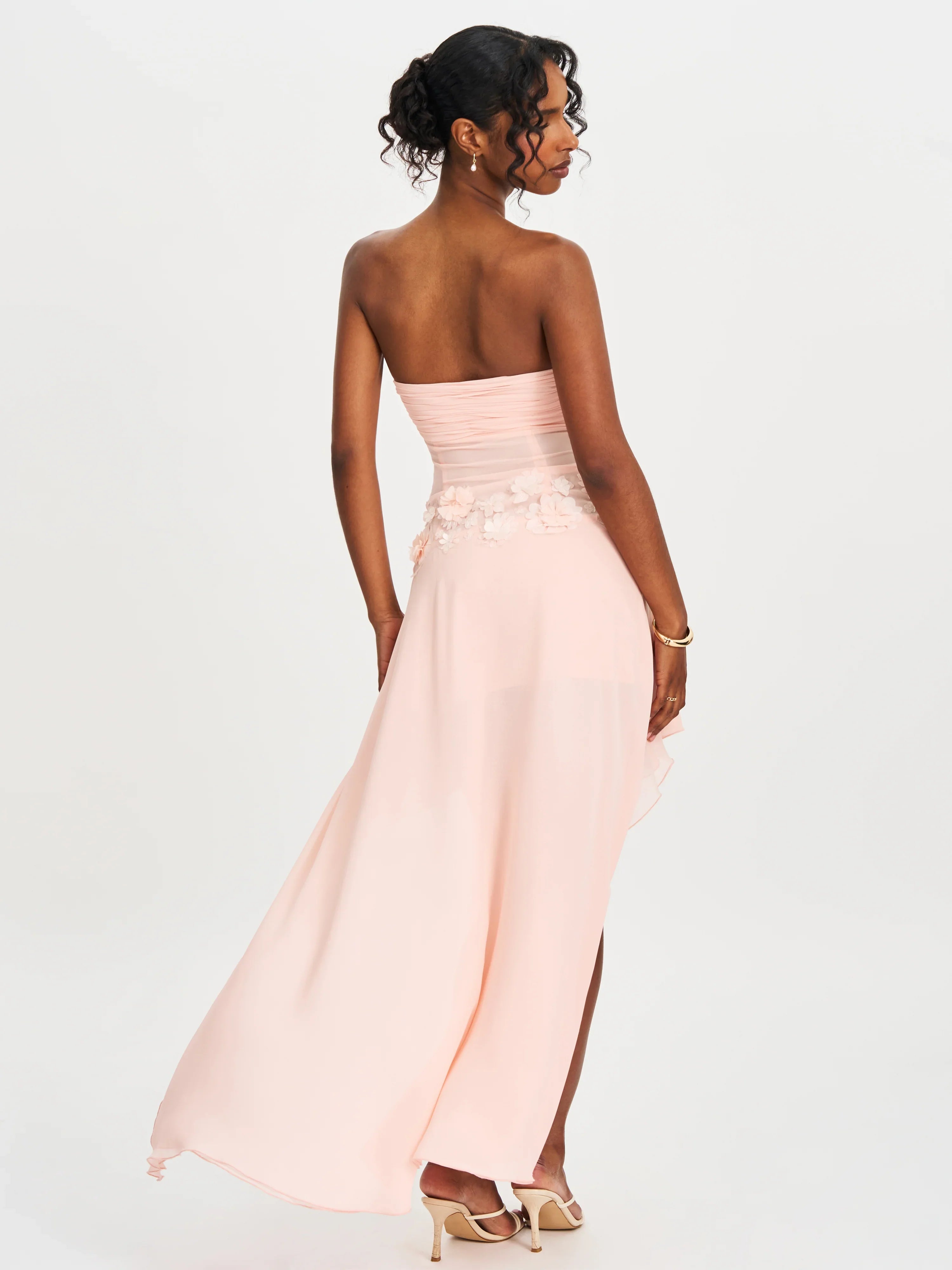 Mae Pink Ruched Breast Appliqué Trim Trailing Dress