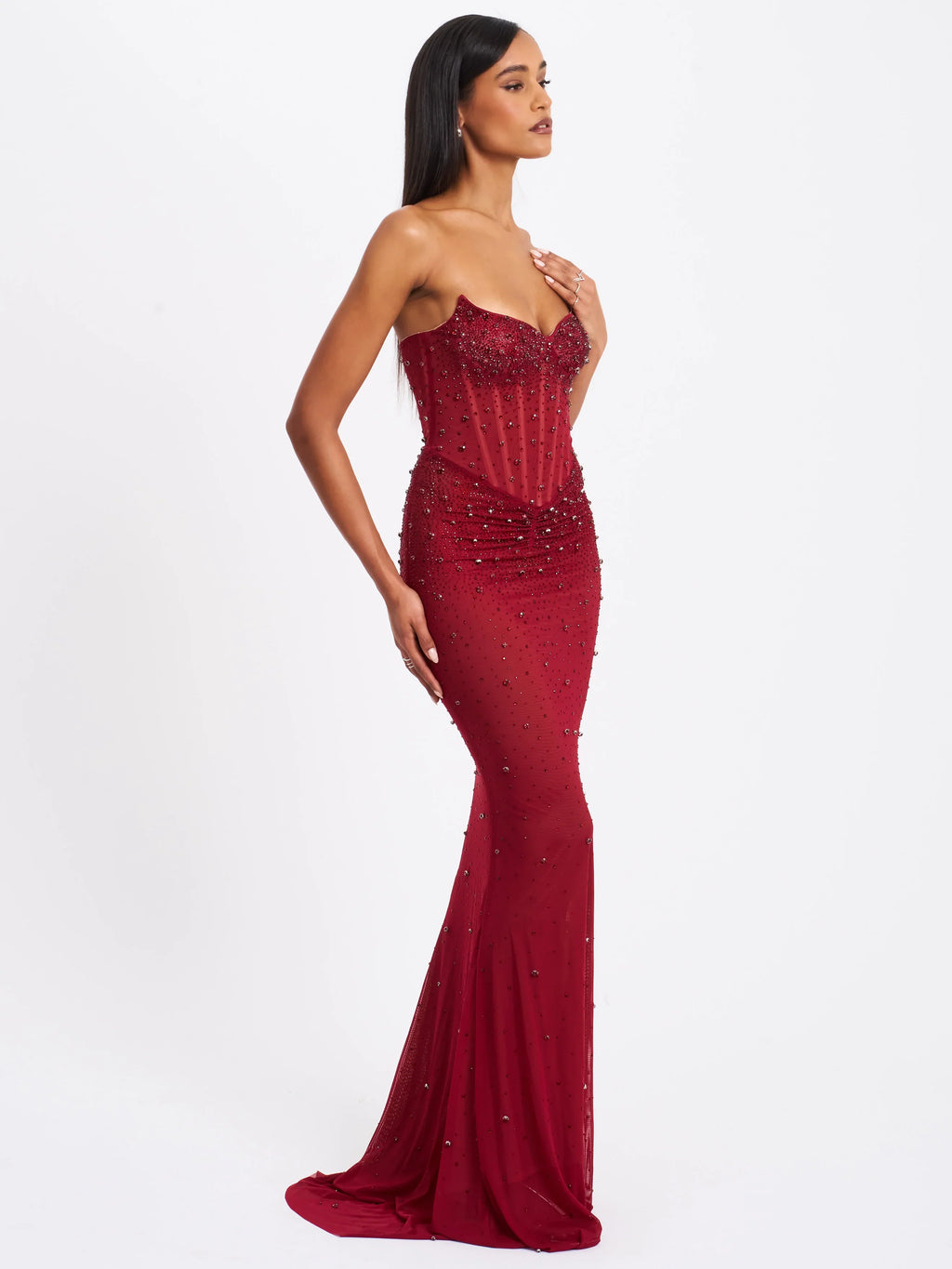 Fatima Burgundy Crystal Sleeveless Corset Mermaid Maxi Dress