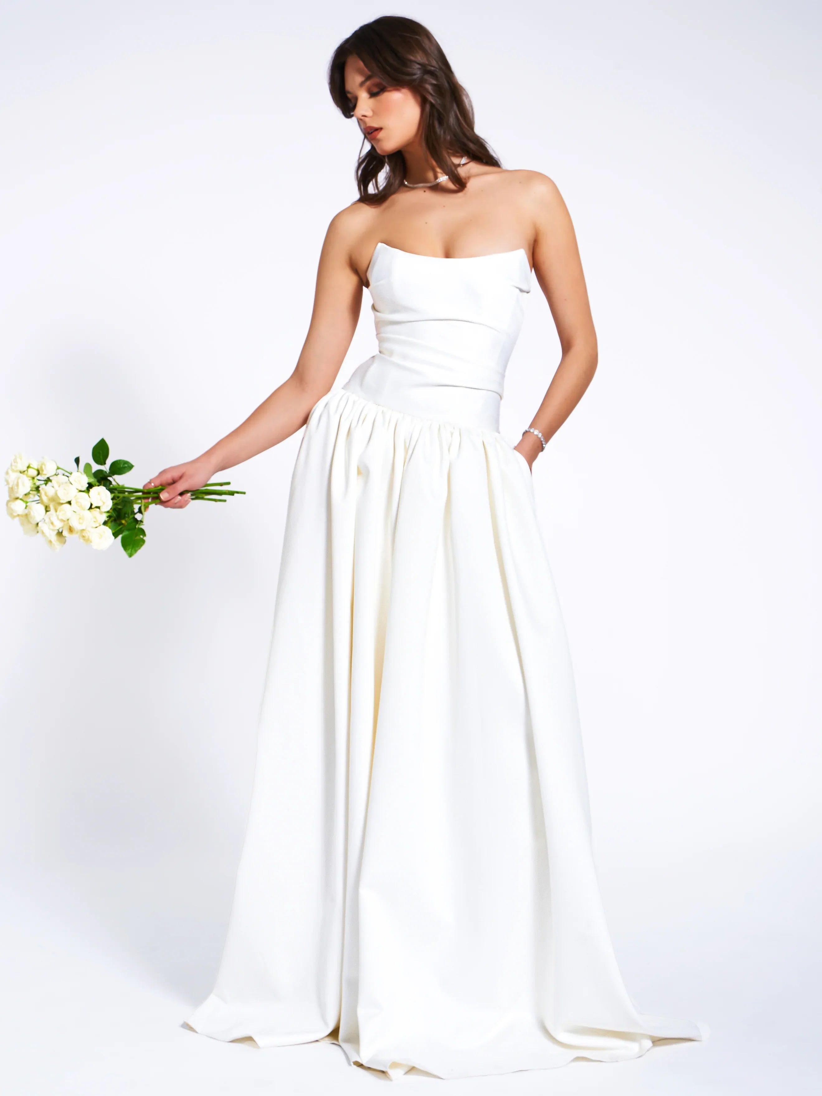 Umay White Drop Waist Satin Corset Bridal Gown