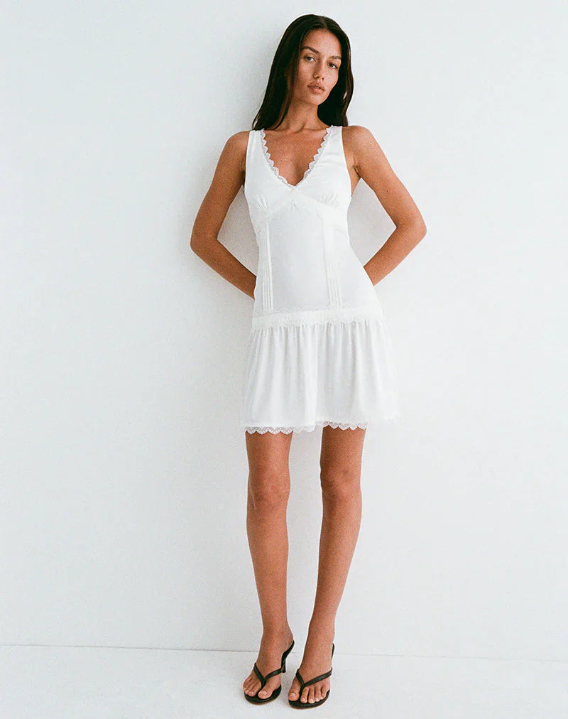 Nesha Ruffle Satin Mini Dress in White