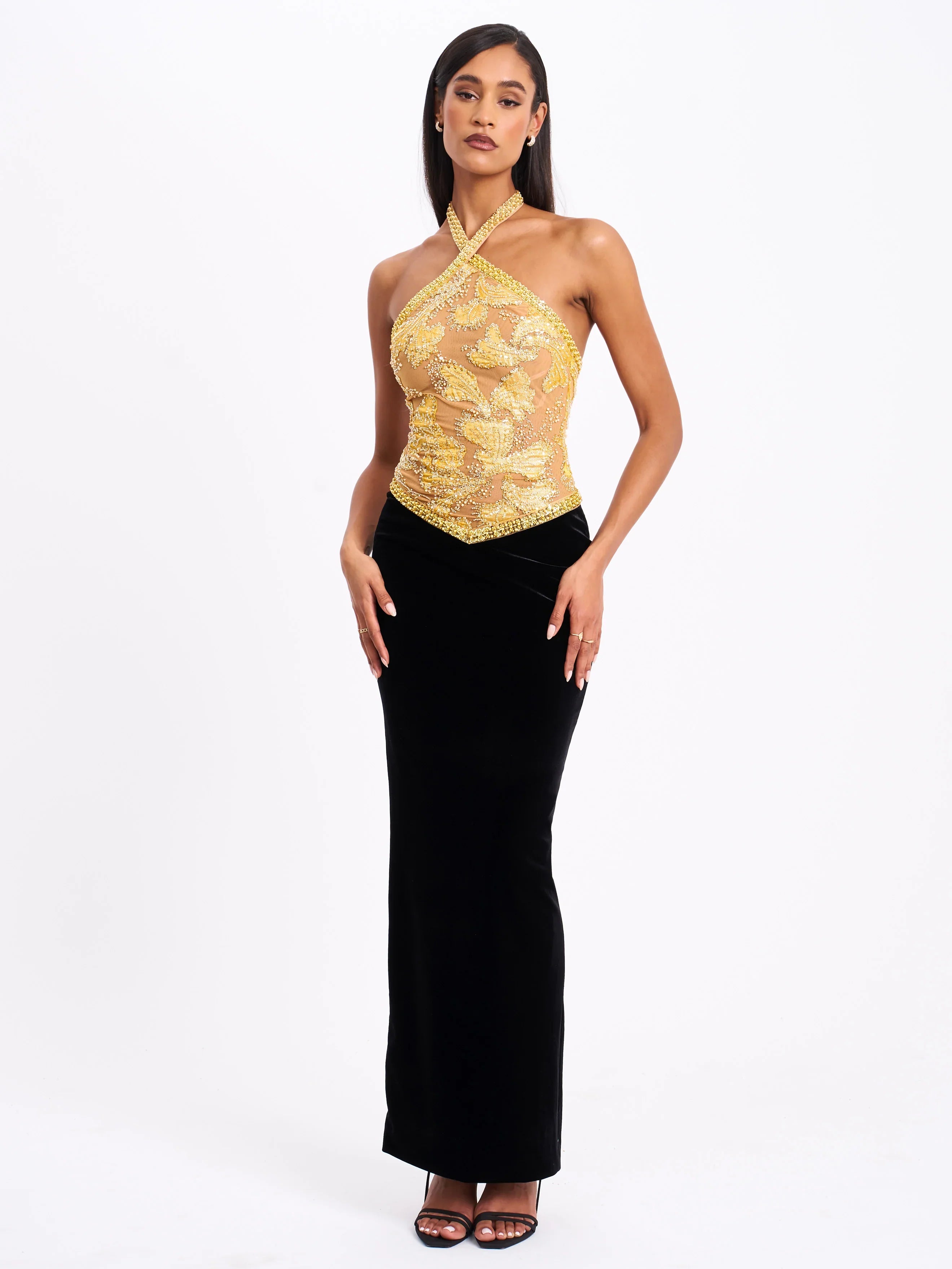 Gazelle Gold Embroidered Vintage Style Maxi Dress