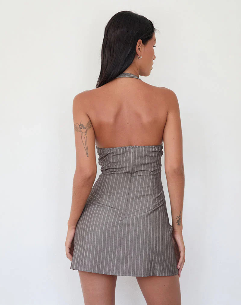 Vellura Halterneck Mini Dress in Taupe Pinstripe
