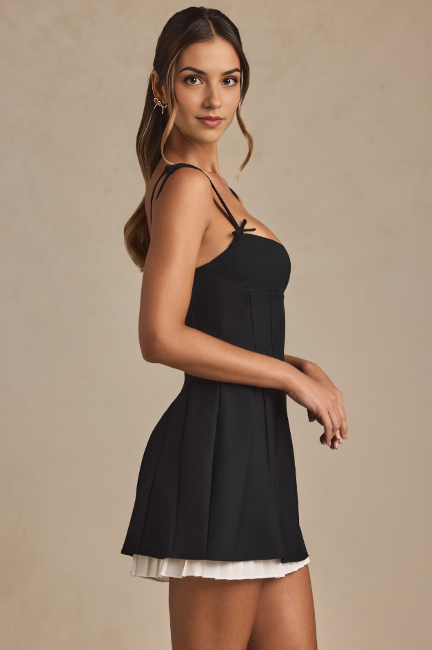 Bow-Detail Pleated A-Line Mini Dress in Black – Elegant & Flattering