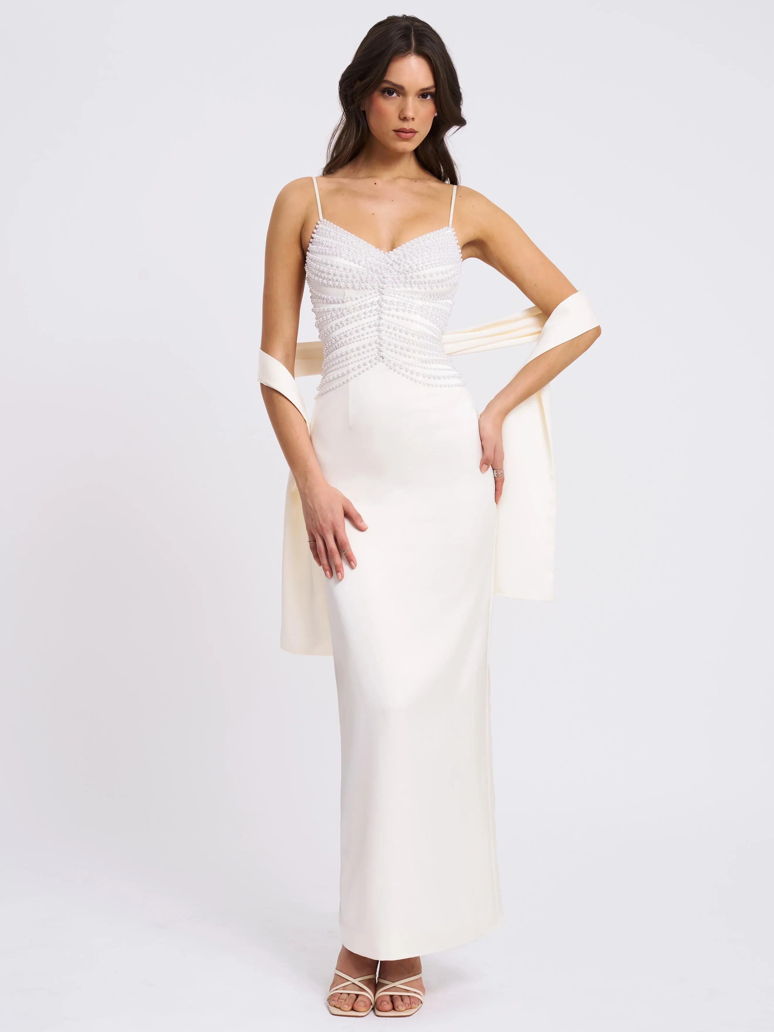 Karmen Pearl Top Pencil Slip Gown with Scarf