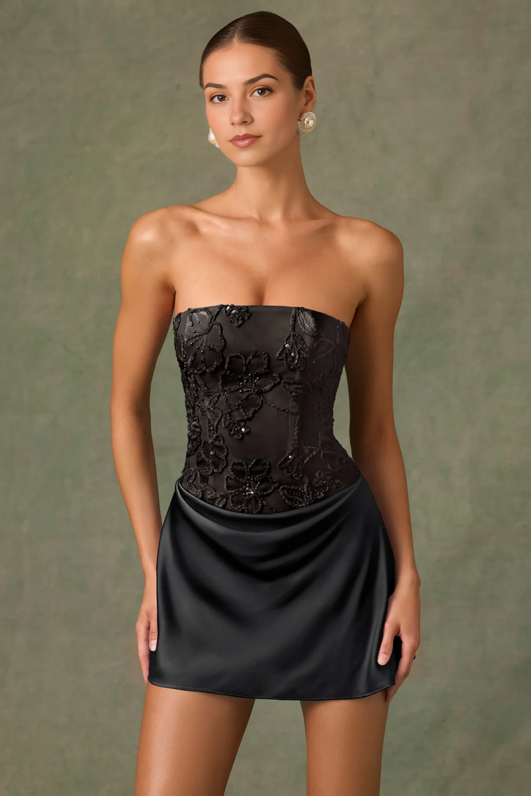 Embellished Draped Strapless A-Line Mini Dress in Black – Sparkling Party Ready