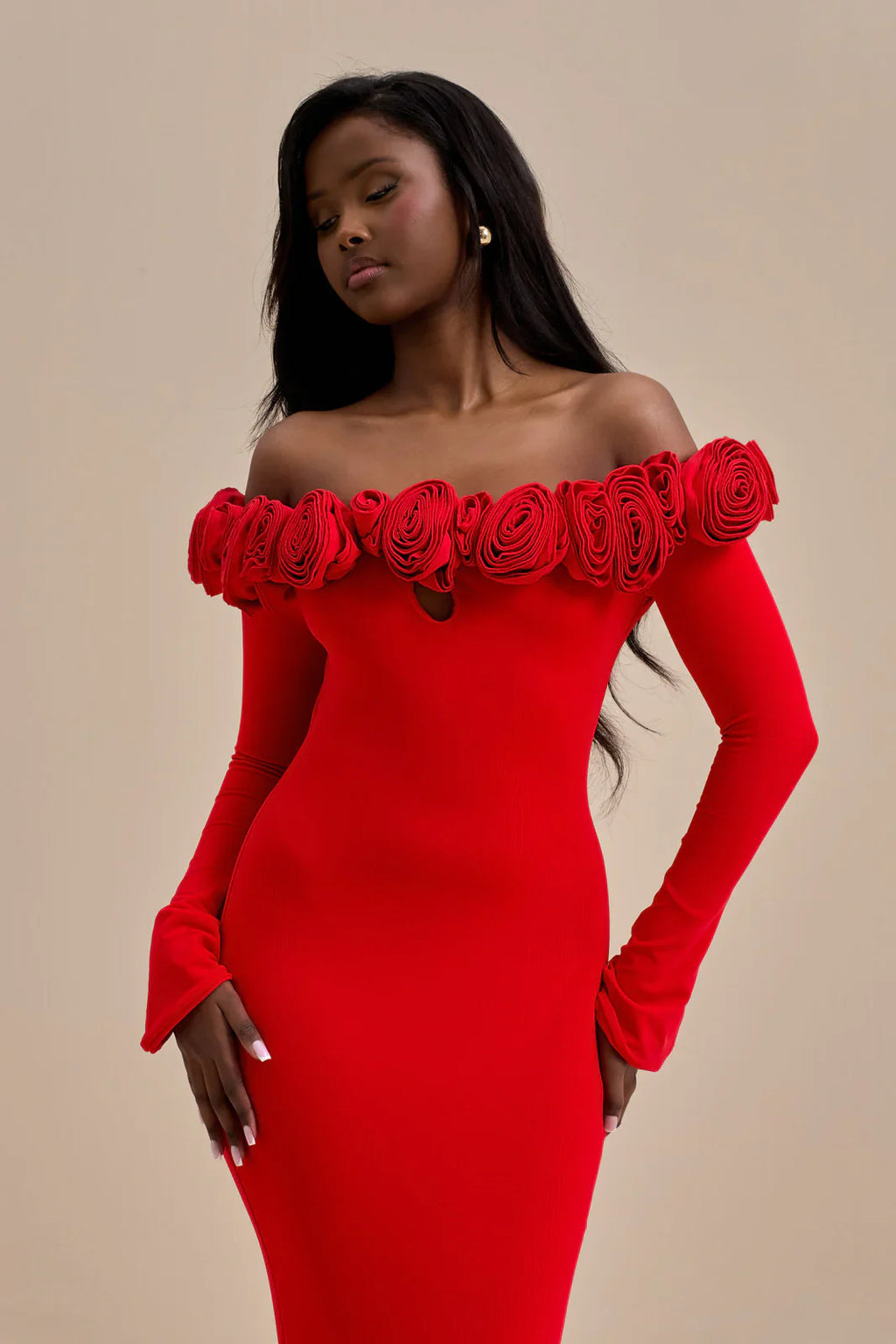 AINSLEIGH BARDOT ROSE MAXI DRESS | RED