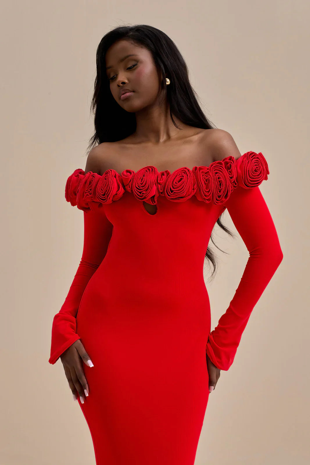 AINSLEIGH BARDOT ROSE MAXI DRESS | RED