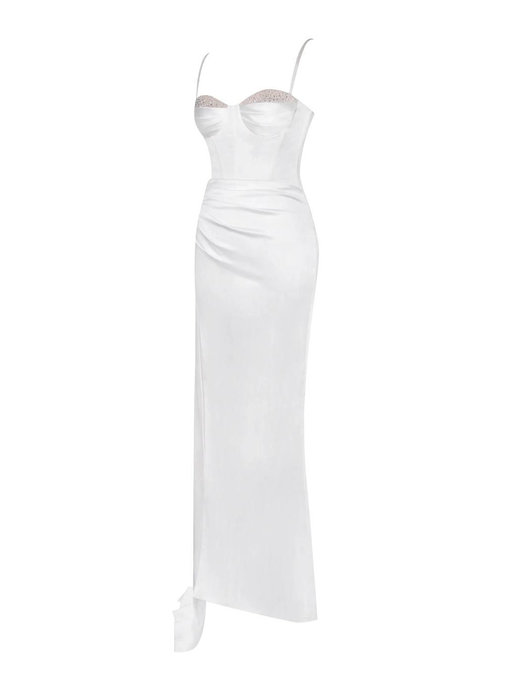 Vanity White Satin High Slit Draping Corset Gown With Crystals