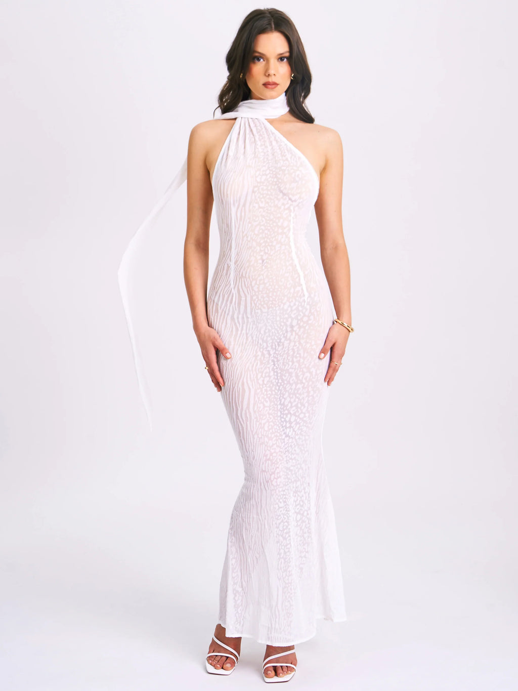 Olena White Burnout Velvet Animal Print Mesh Halter Neck Maxi Dress