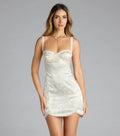 All In Love Sweetheart Lace Trim Satin Mini Dress