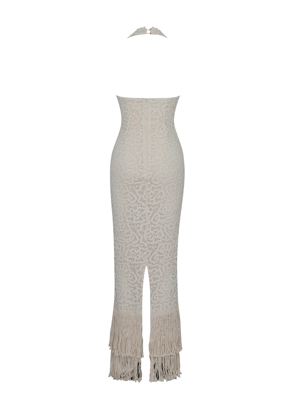 Faelyn Off-White Double Fringe Crochet Halter Maxi Dress
