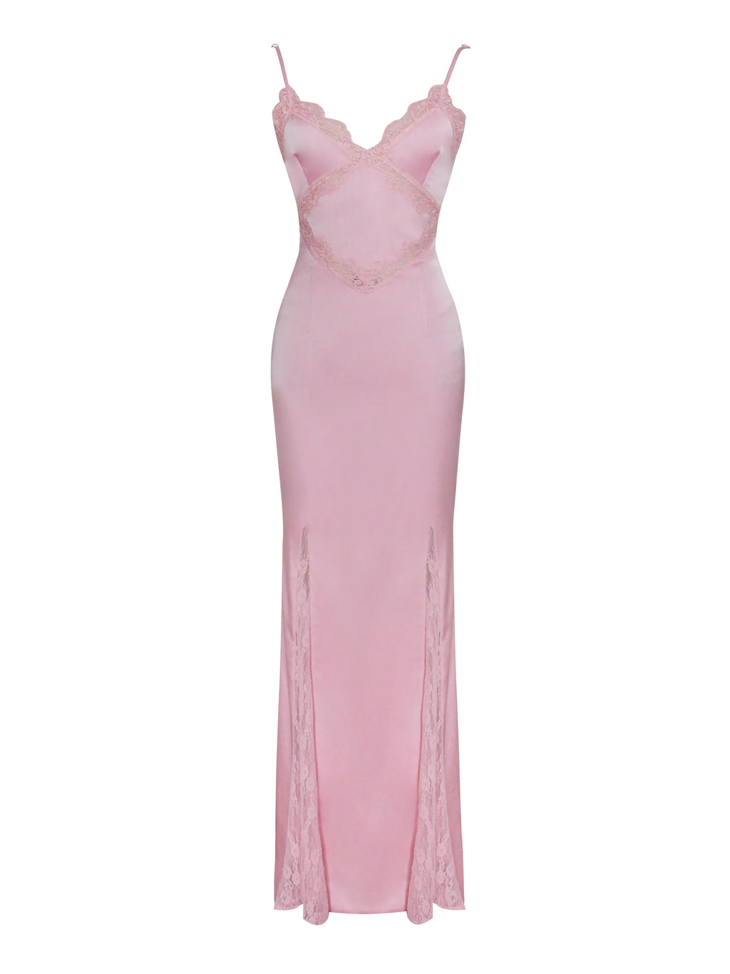 Xandria Pink Lace Satin Mermaid Flare Maxi Dress