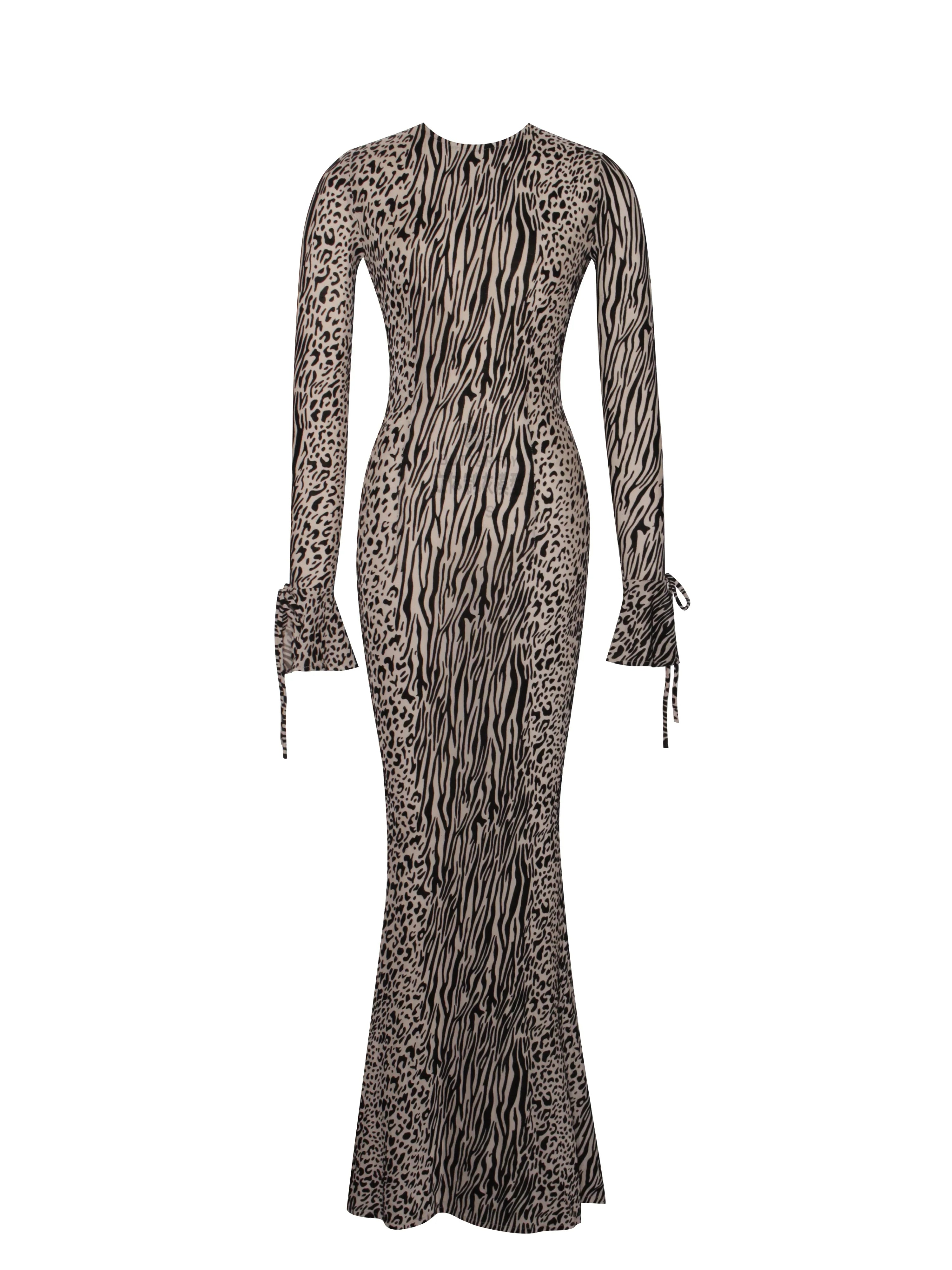 Waylynn Nude Black Animal Print Burnout Velvet Detail Mesh Backless Maxi Dress