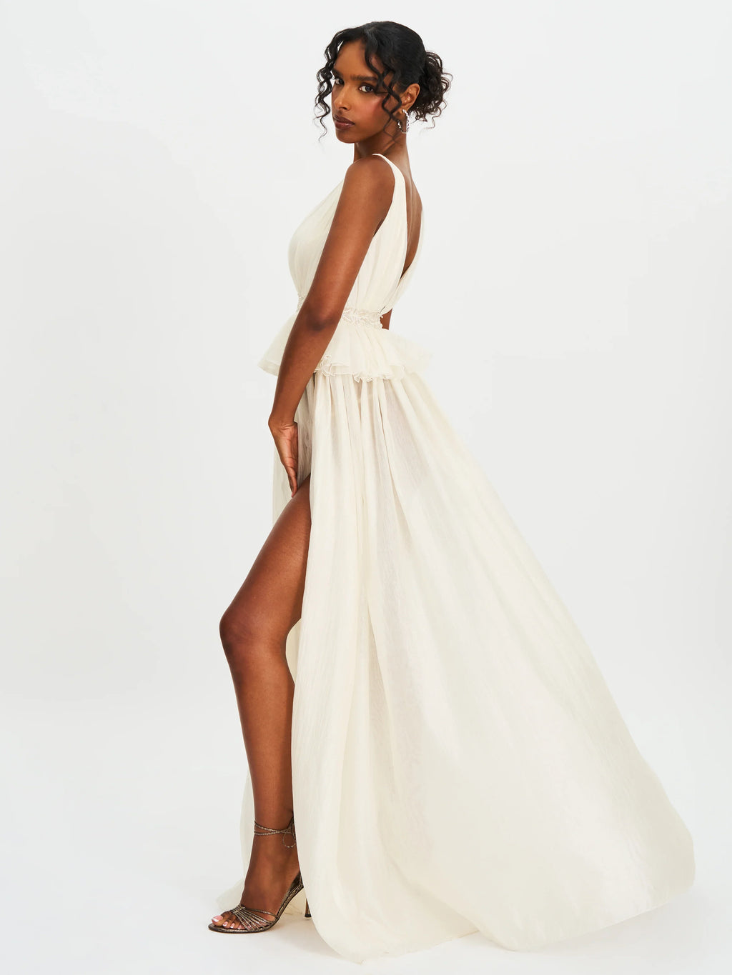 Calleigh Off White Flare Beaded Belt Maxi Gown