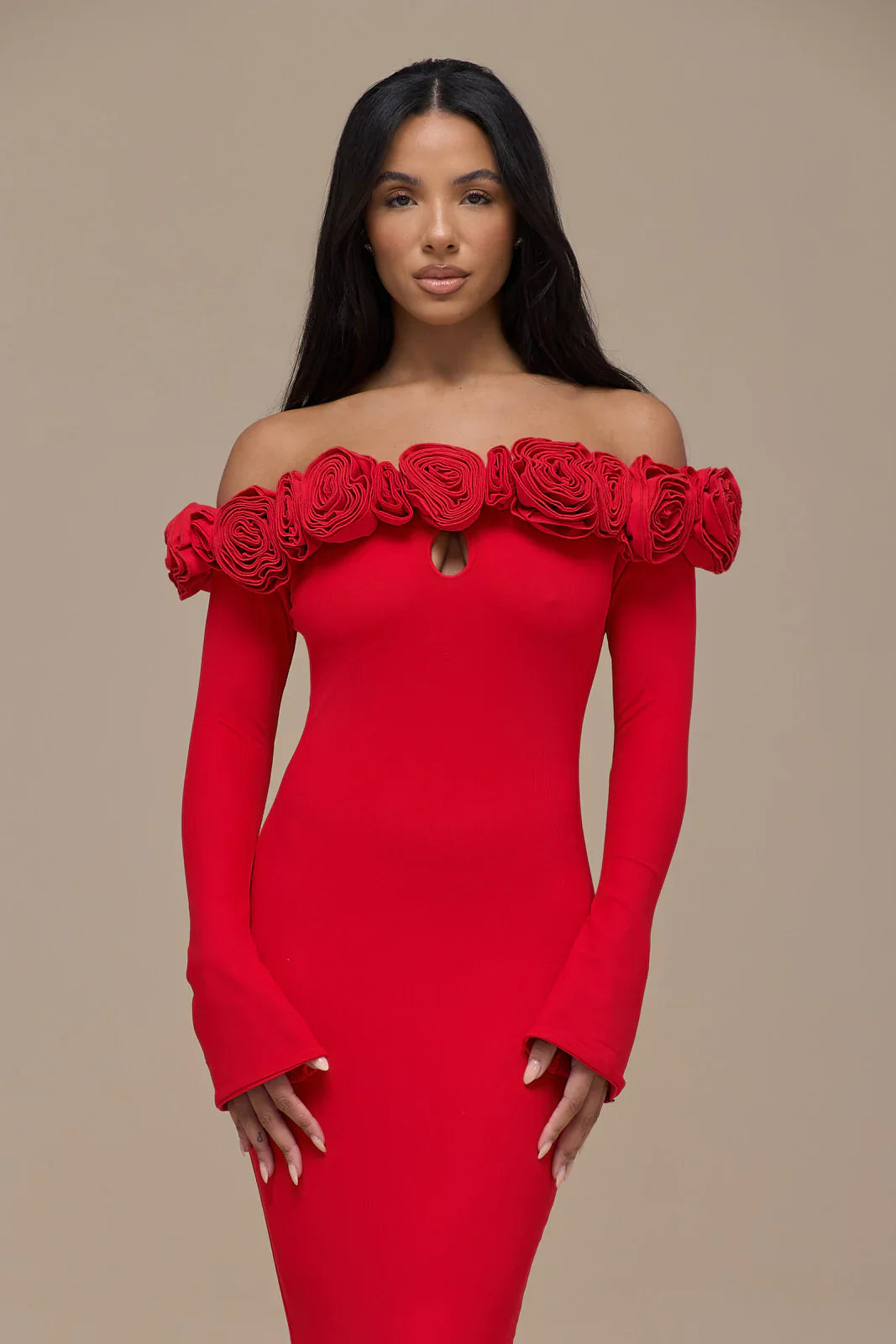 AINSLEIGH BARDOT ROSE MAXI DRESS | RED