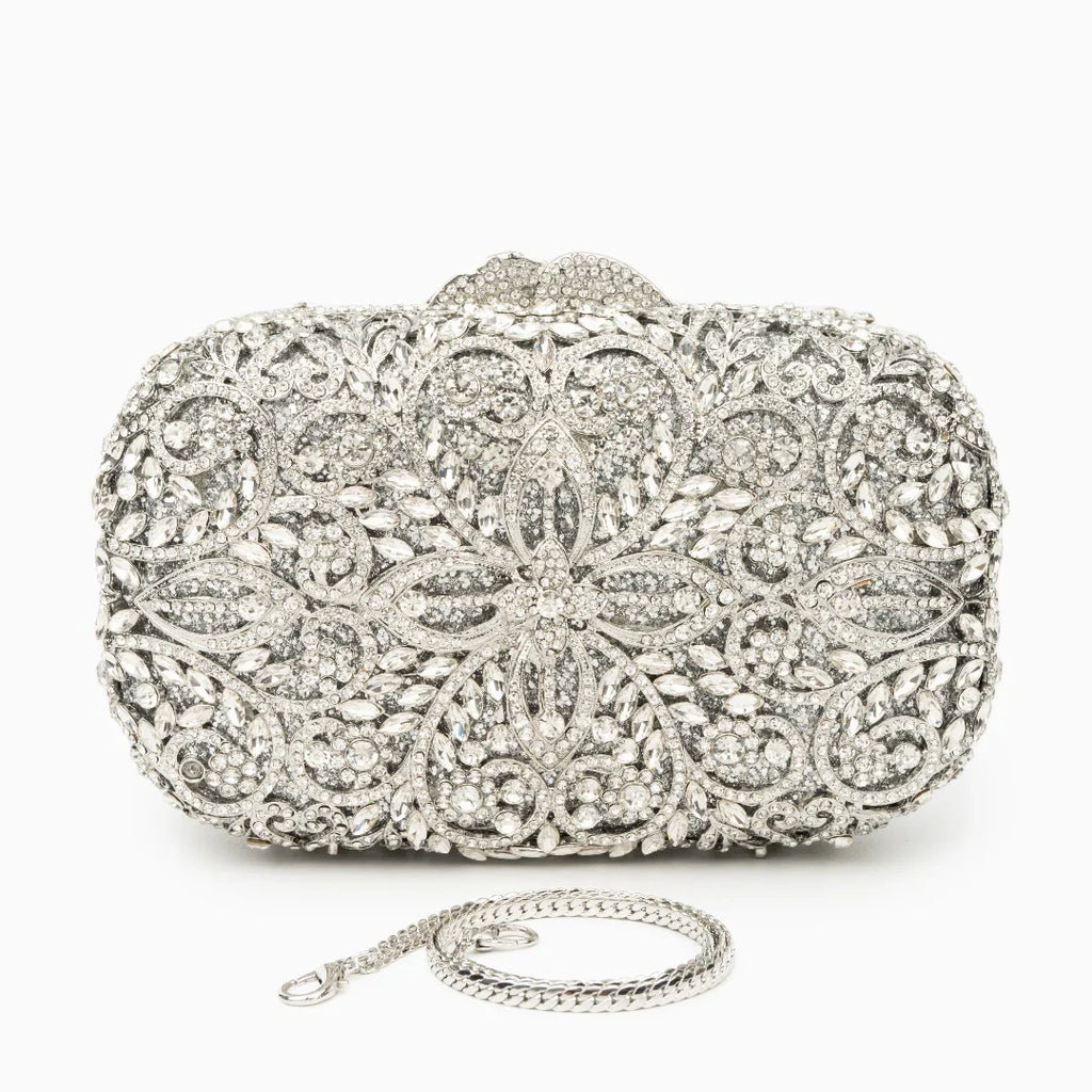 Vioraia Athena Flower Rhinestones Clutch Bag - Silver