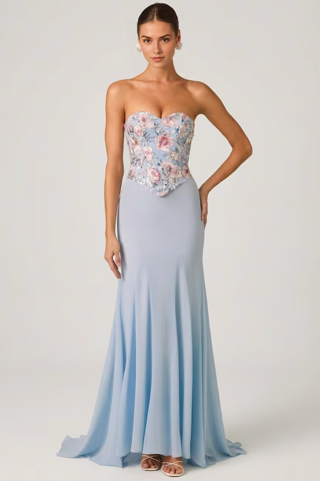 Embellished Corset Fishtail Gown in Floral Blue