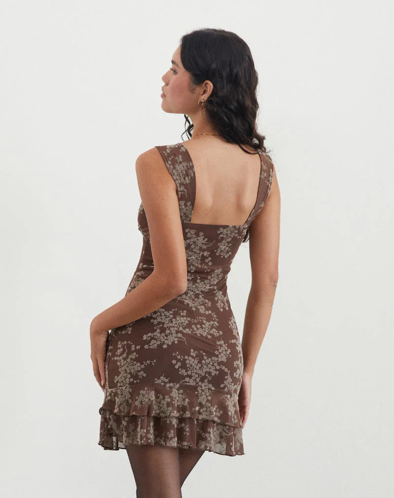 Astika Mini Dress in Blooming Vines Brown