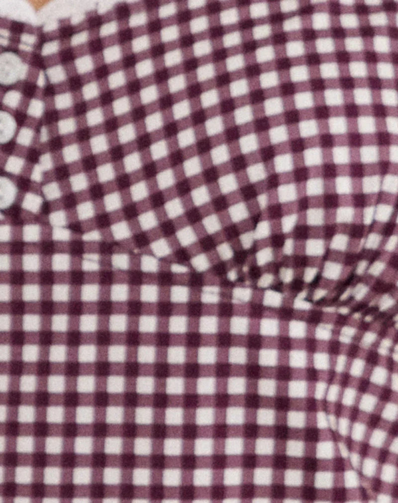 Delphine Mini Cami Dress in Mini Gingham Wine with White Lace