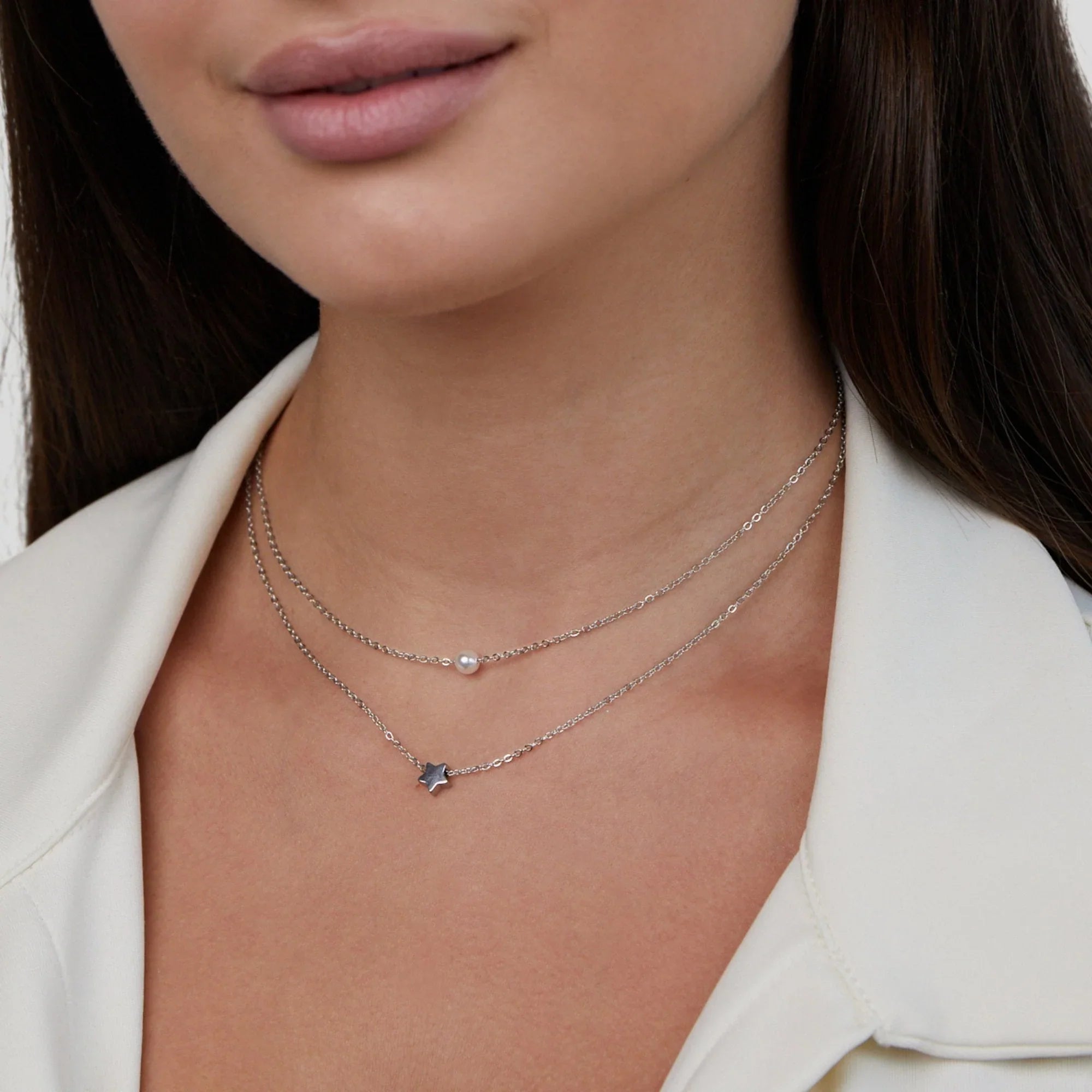 Vioraia Layered Silver Star & Pearl Necklace