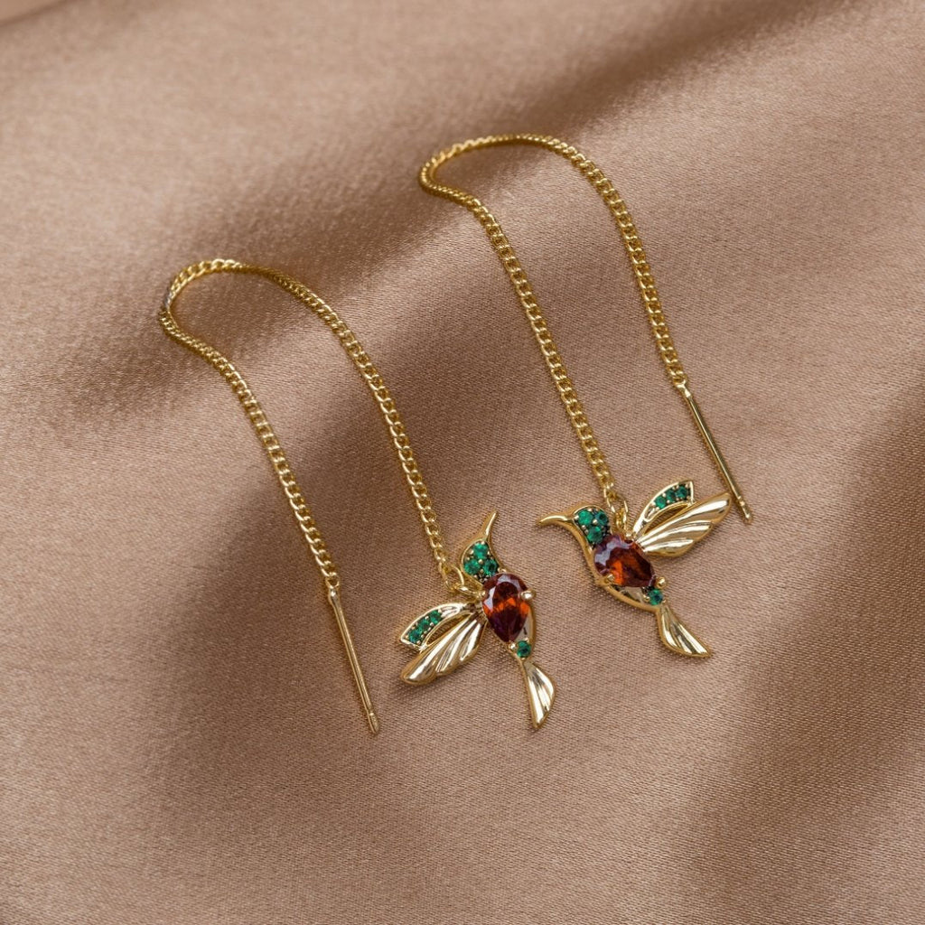 Vioraia Crystal Hummingbird Tassel Earrings