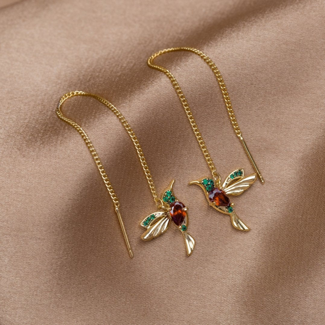 Vioraia Crystal Hummingbird Tassel Earrings