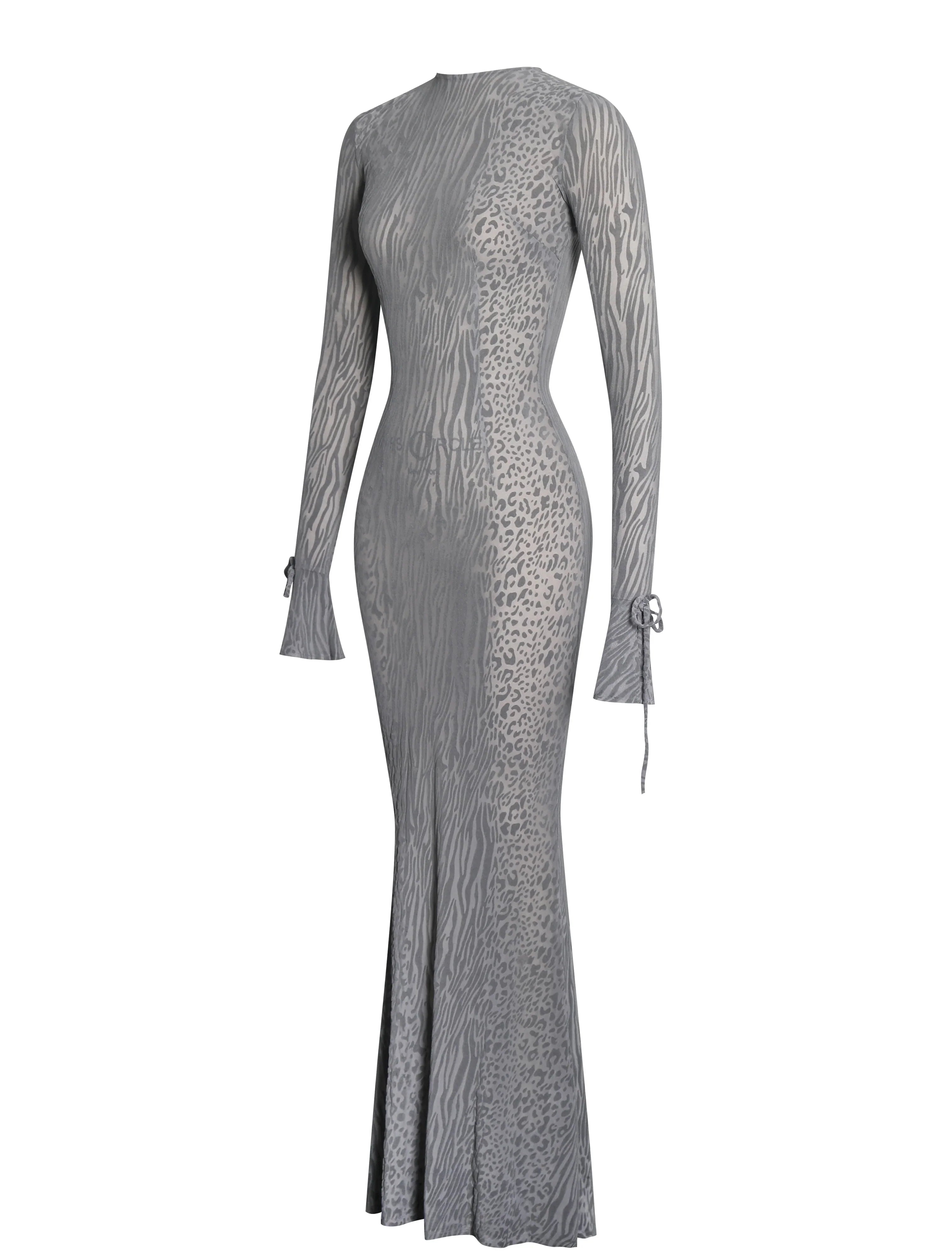 Waylynn Gray Animal Print Burnout Velvet Detail Mesh Backless Maxi Dress