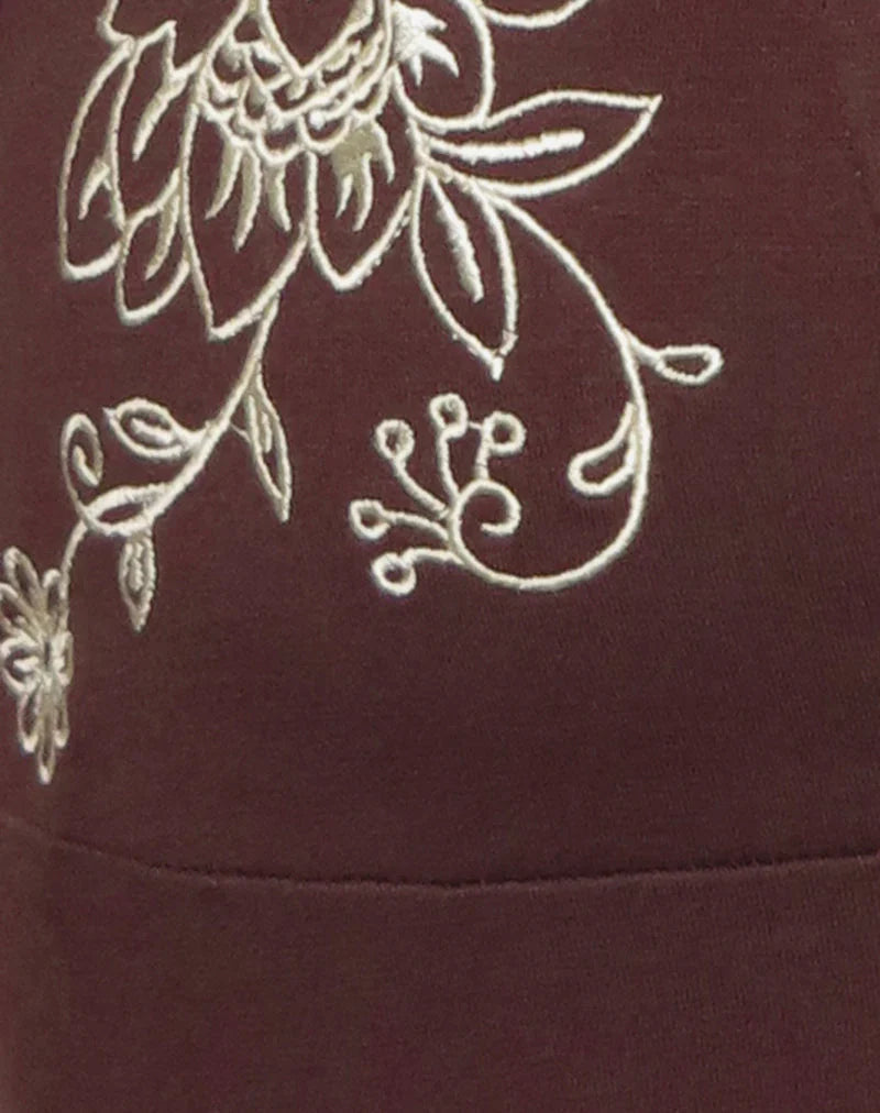 Hepzhi Mini Dress in Bitter Chocolate with Floral Embroidery