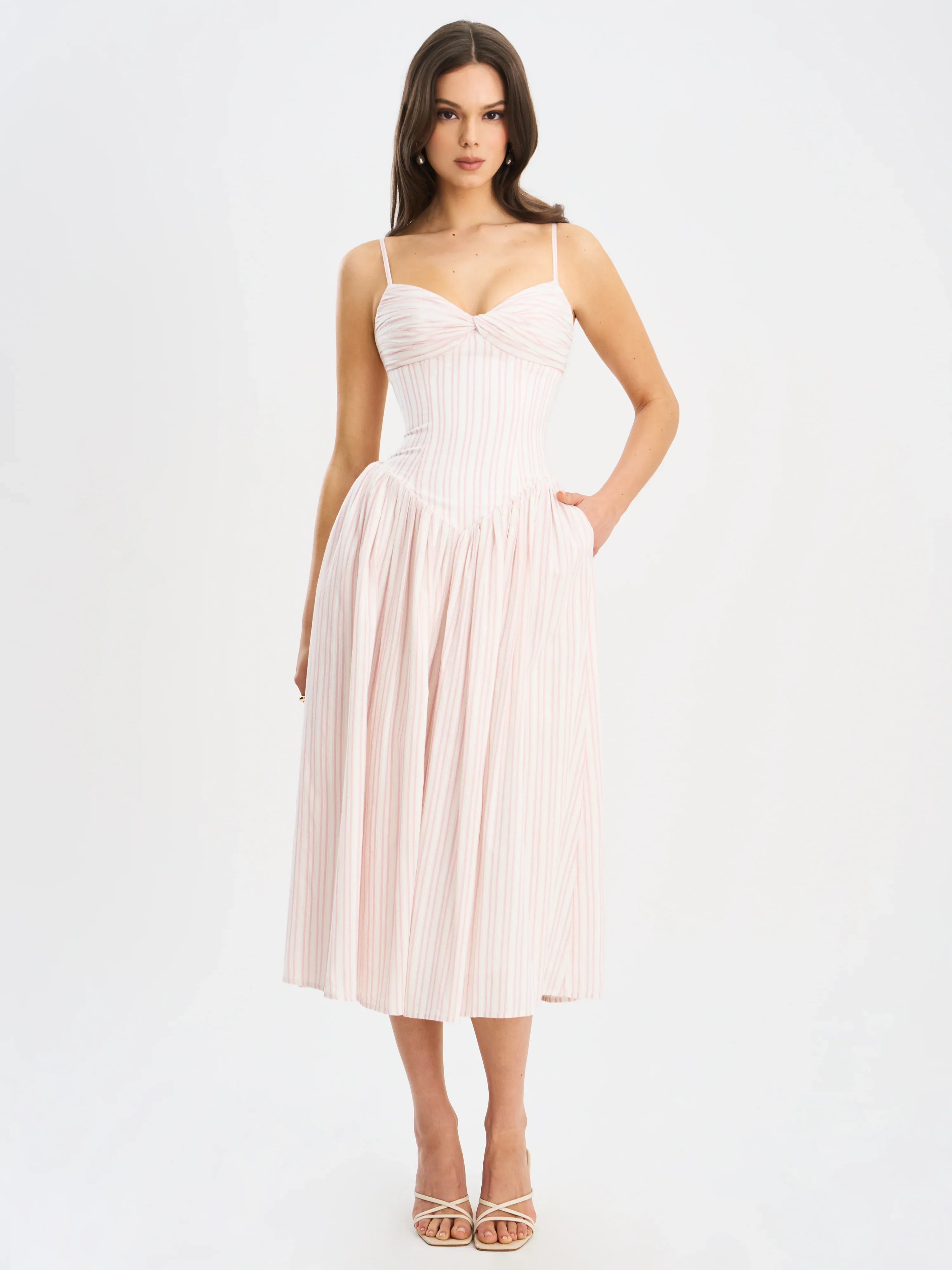 Zania Pink Stripe Ruched Breast Cotton Jacquard Midi Dress