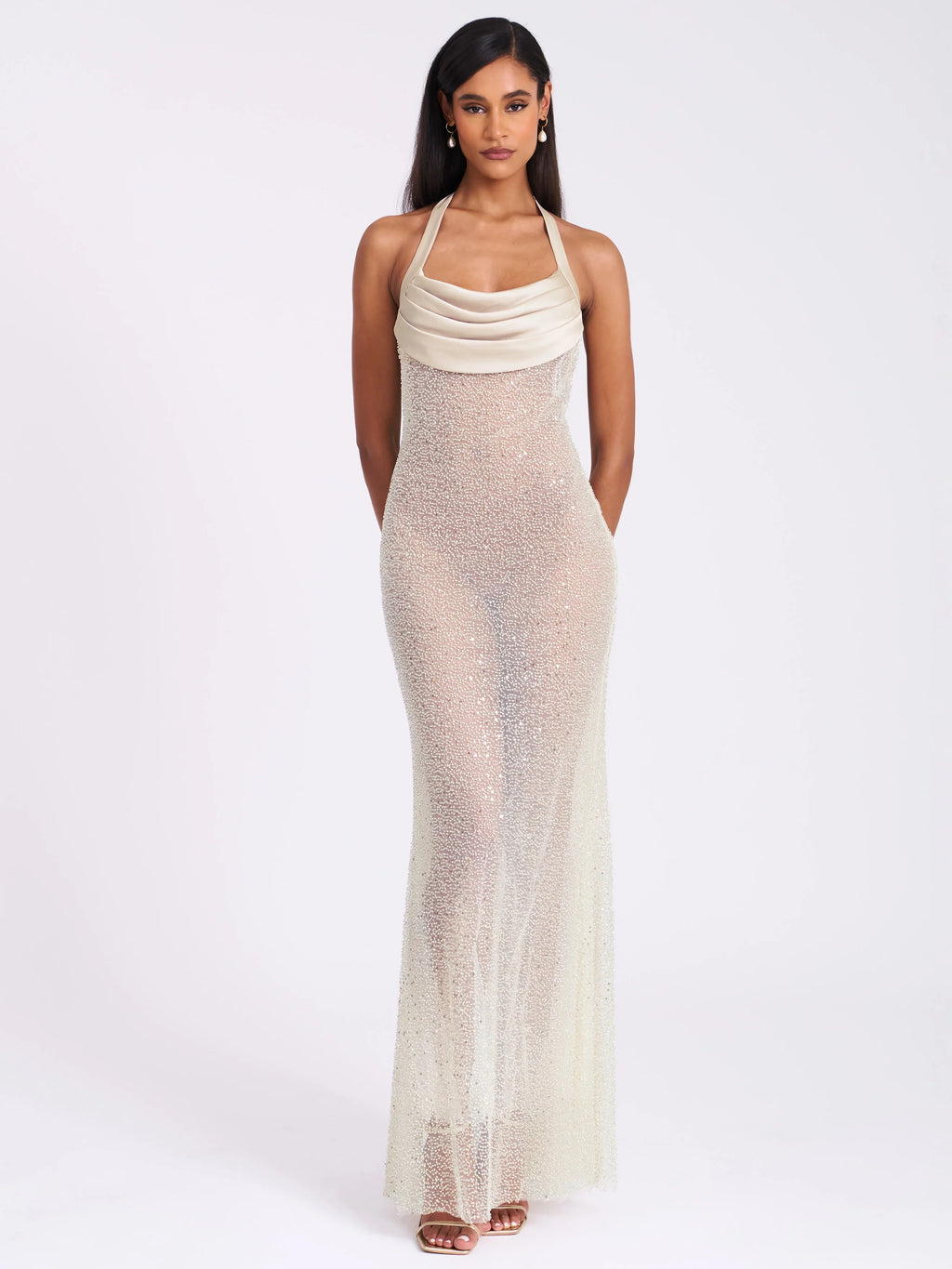 Zahya Lime Halter Backless Beaded Mesh Gown