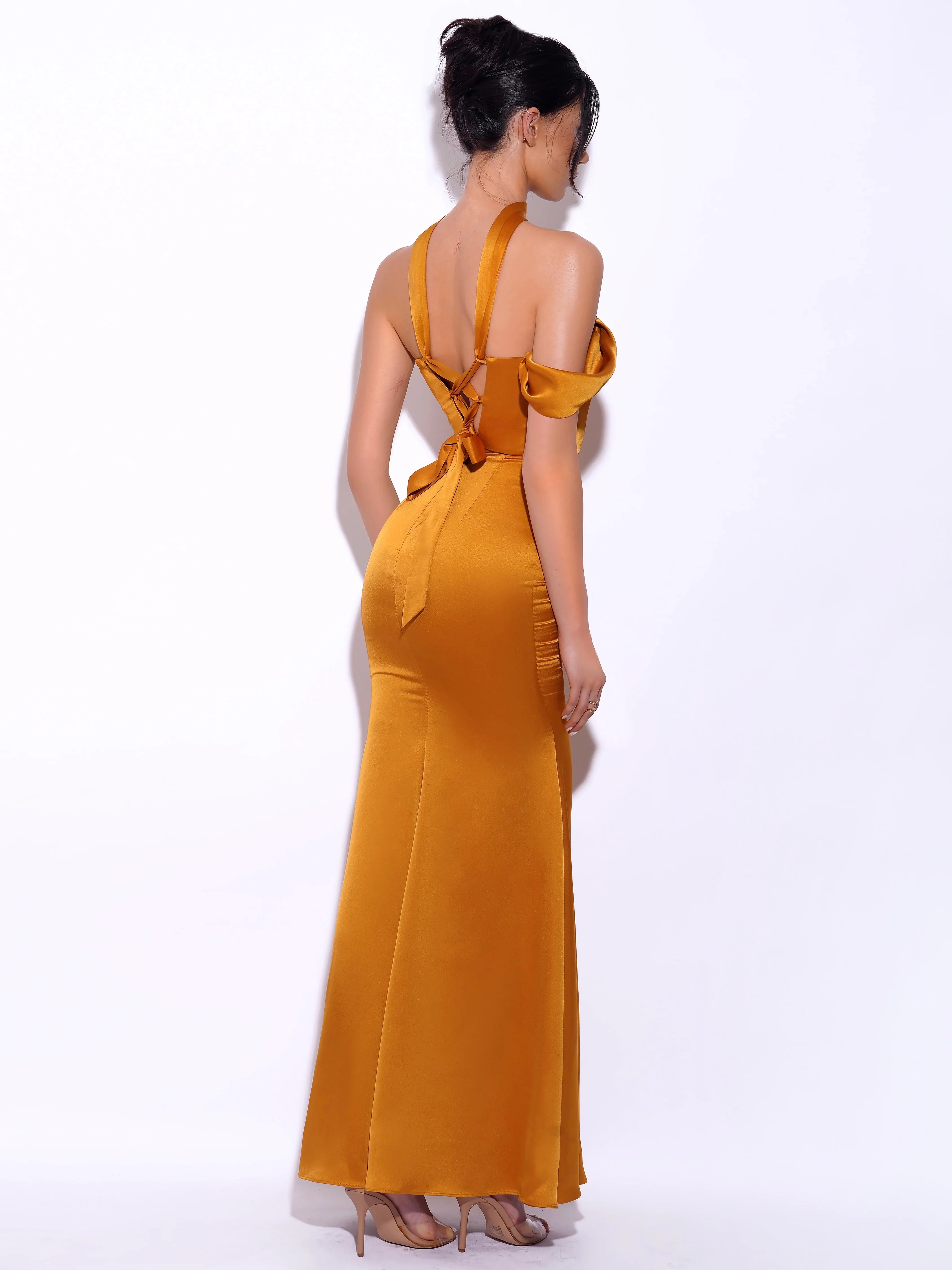 Ivona Gold Halter Neck Double Duchess Satin Gown