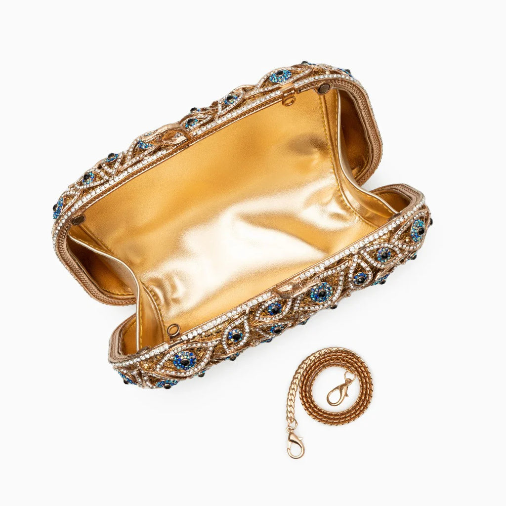 Vioraia Crystal Evil Eye Clutch Bag - Gold
