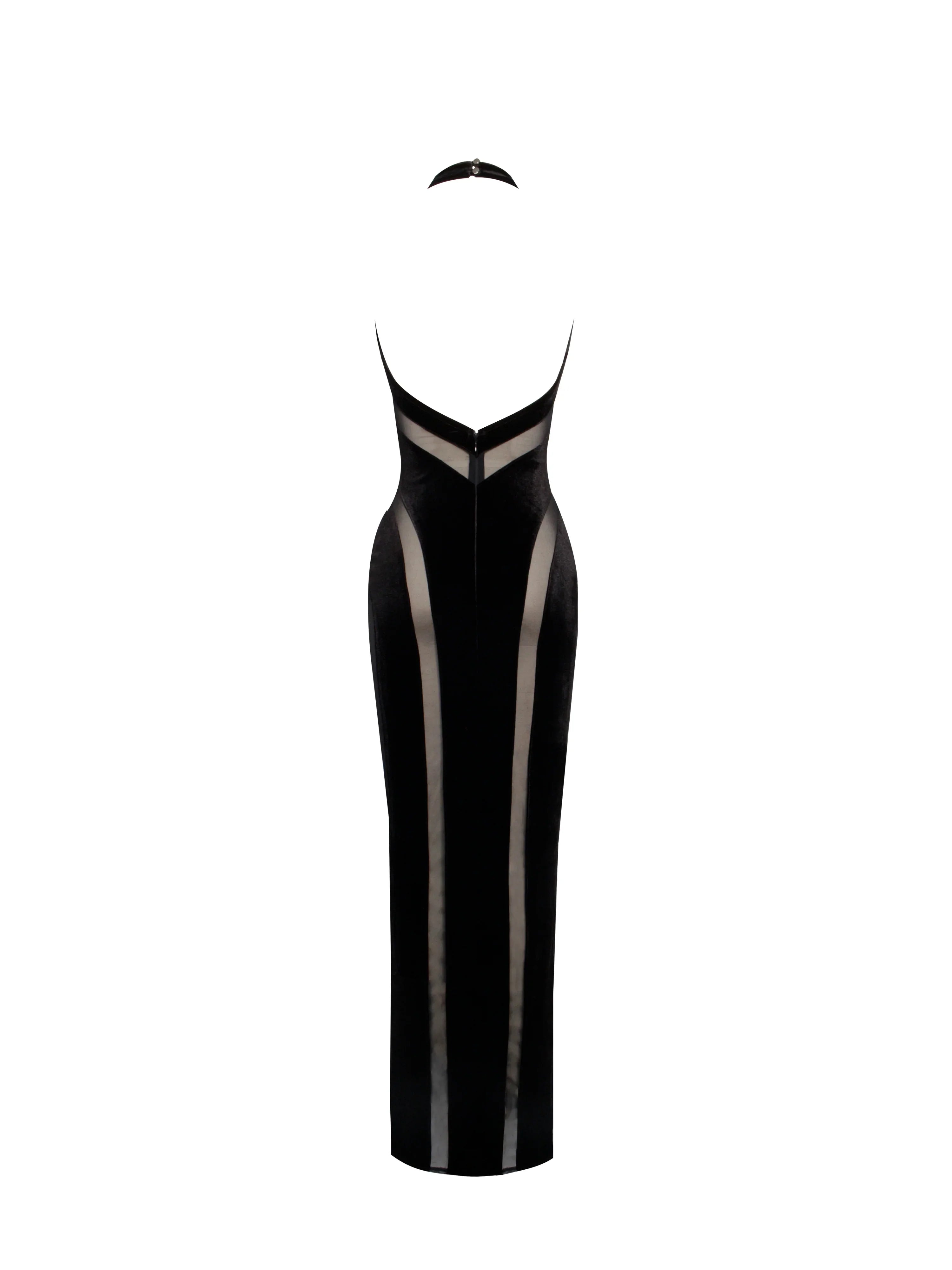 Paityn Black Velvet Mesh Cutout Halter Gown
