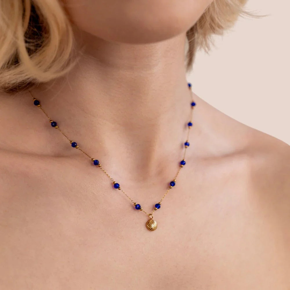 Vioraia Nerissa Gold Shell & Blue Bead Necklace