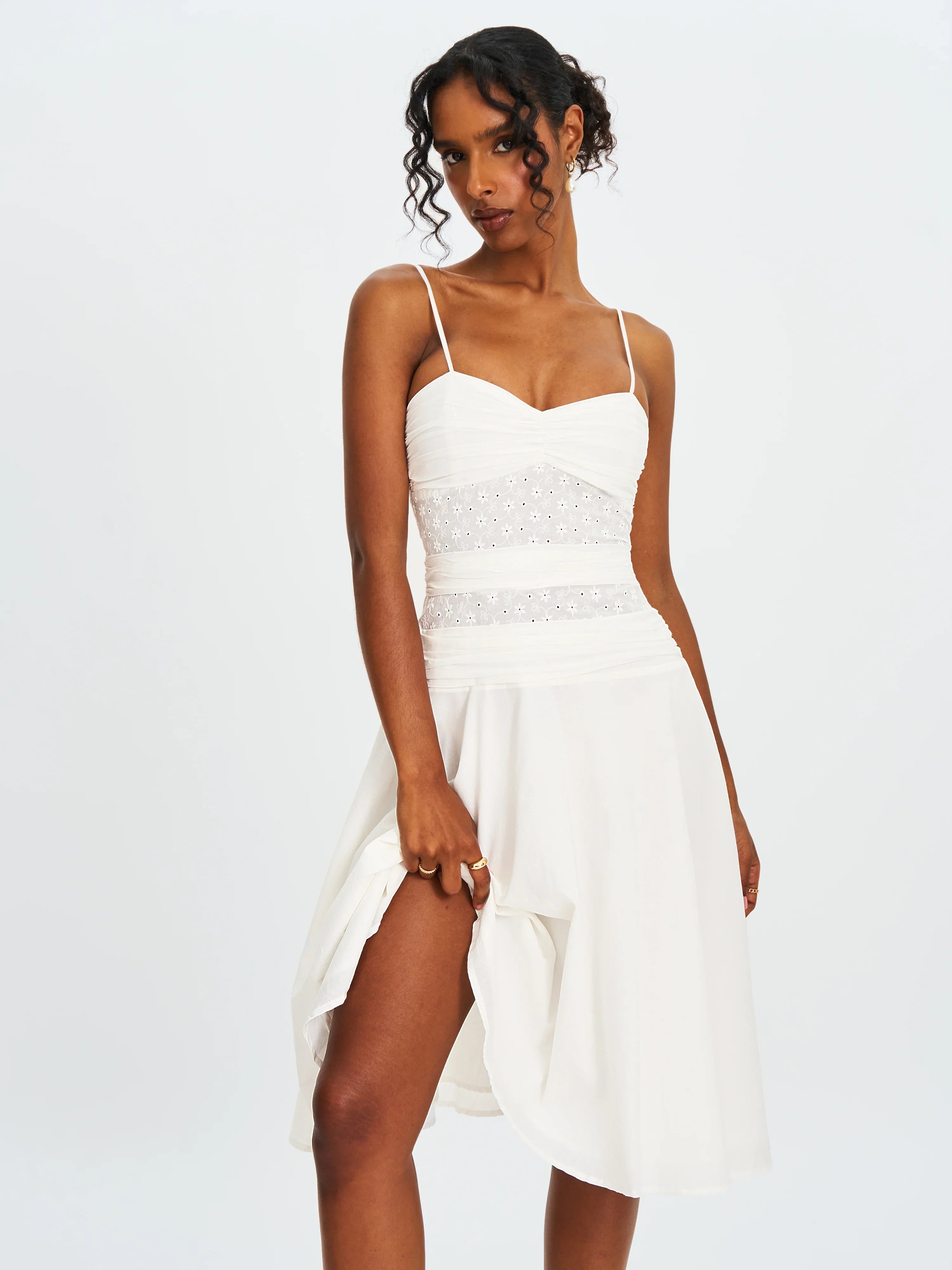 Maelis White Eyelet Drop Waist Cotton Midi Dress