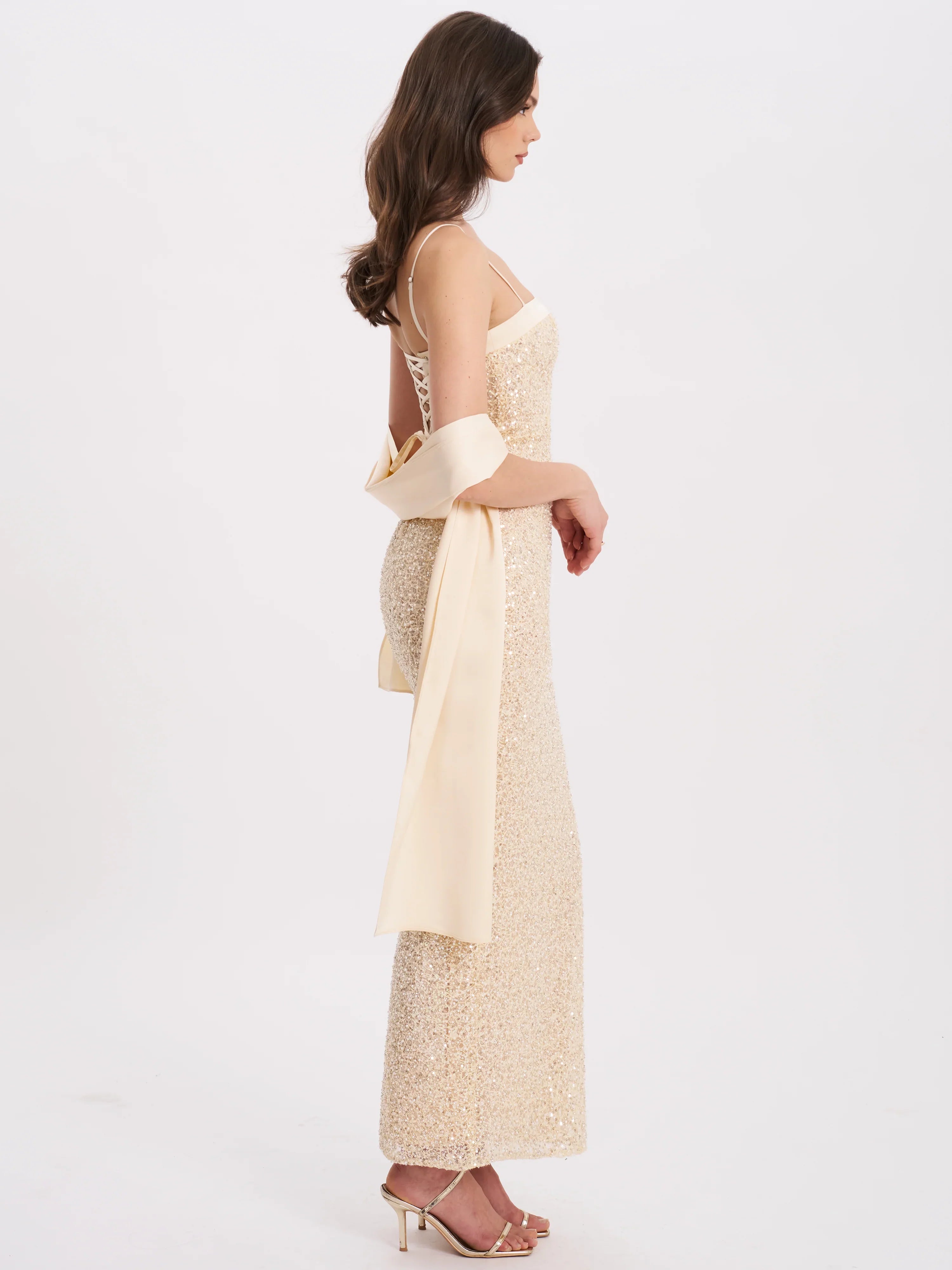 Raizel Gold Beaded Sequin Bodycon Gown with Scarf