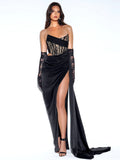Callie Black Lace Satin Corset High Slit Gown
