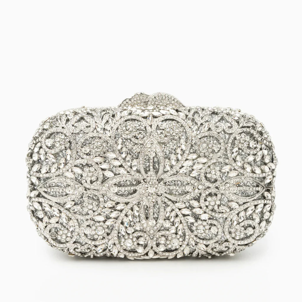 Vioraia Athena Flower Rhinestones Clutch Bag - Silver