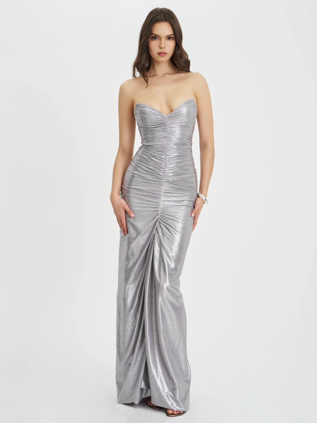 Sable Ruched Silver Glitter Mermaid Gown
