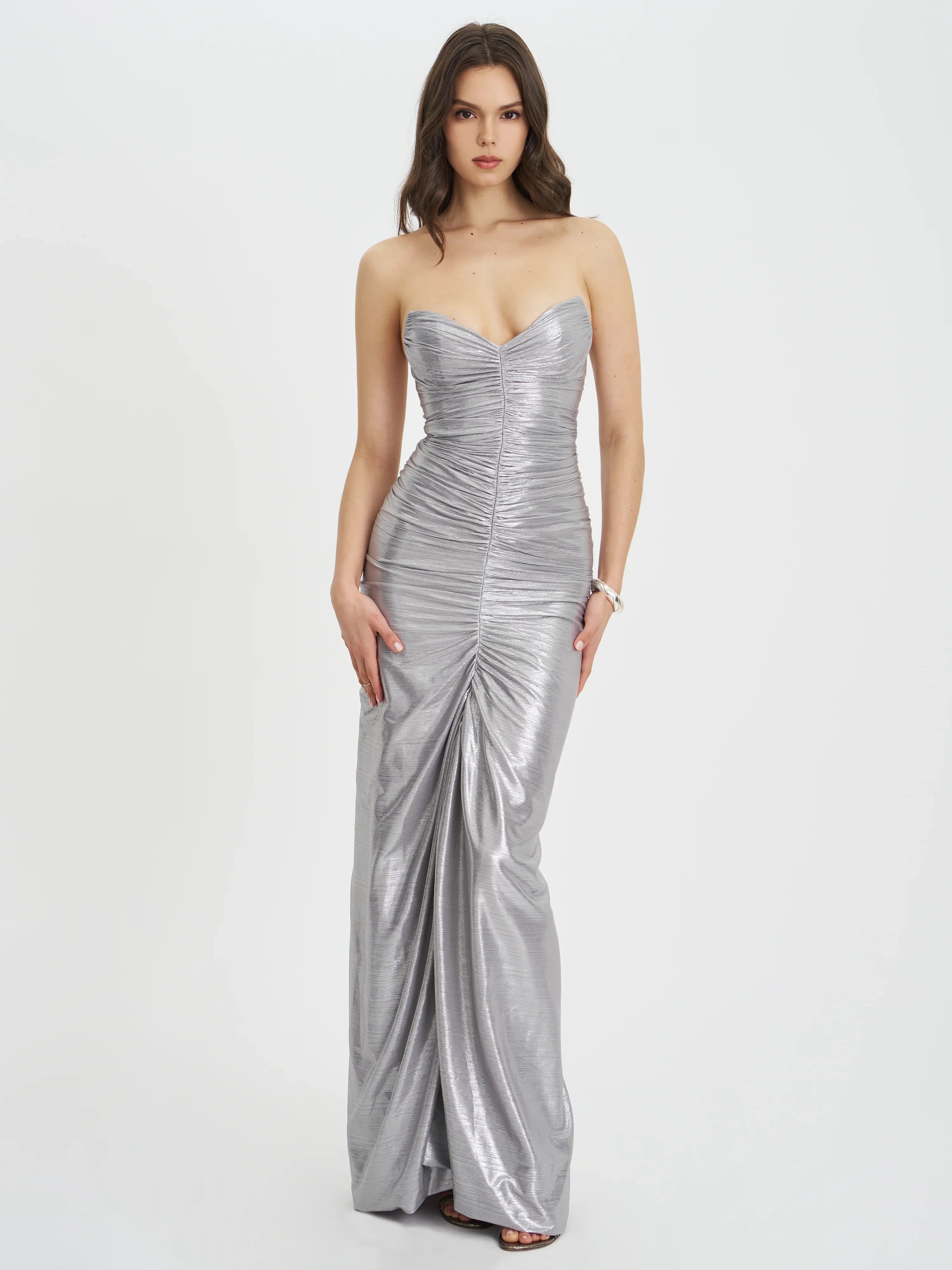 Sable Ruched Silver Glitter Mermaid Gown